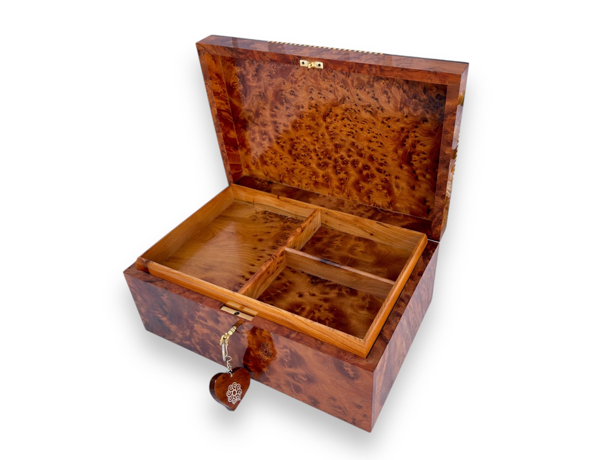 Handmade Moroccan Thuya Wood Burl Jewelry Box with Lock – 12"x8"