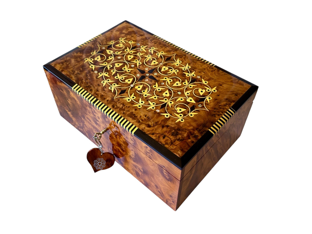 Engraved Moroccan Thuya Jewelry Box with Key 12"x8"