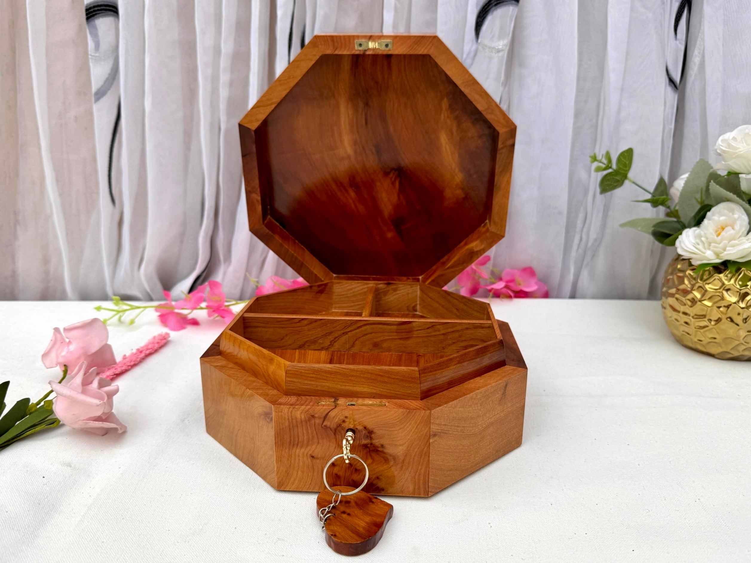 Large Thuya Wood Jewelry Box 8"x8" – Handmade Octagonal Box with Pearl Inlay