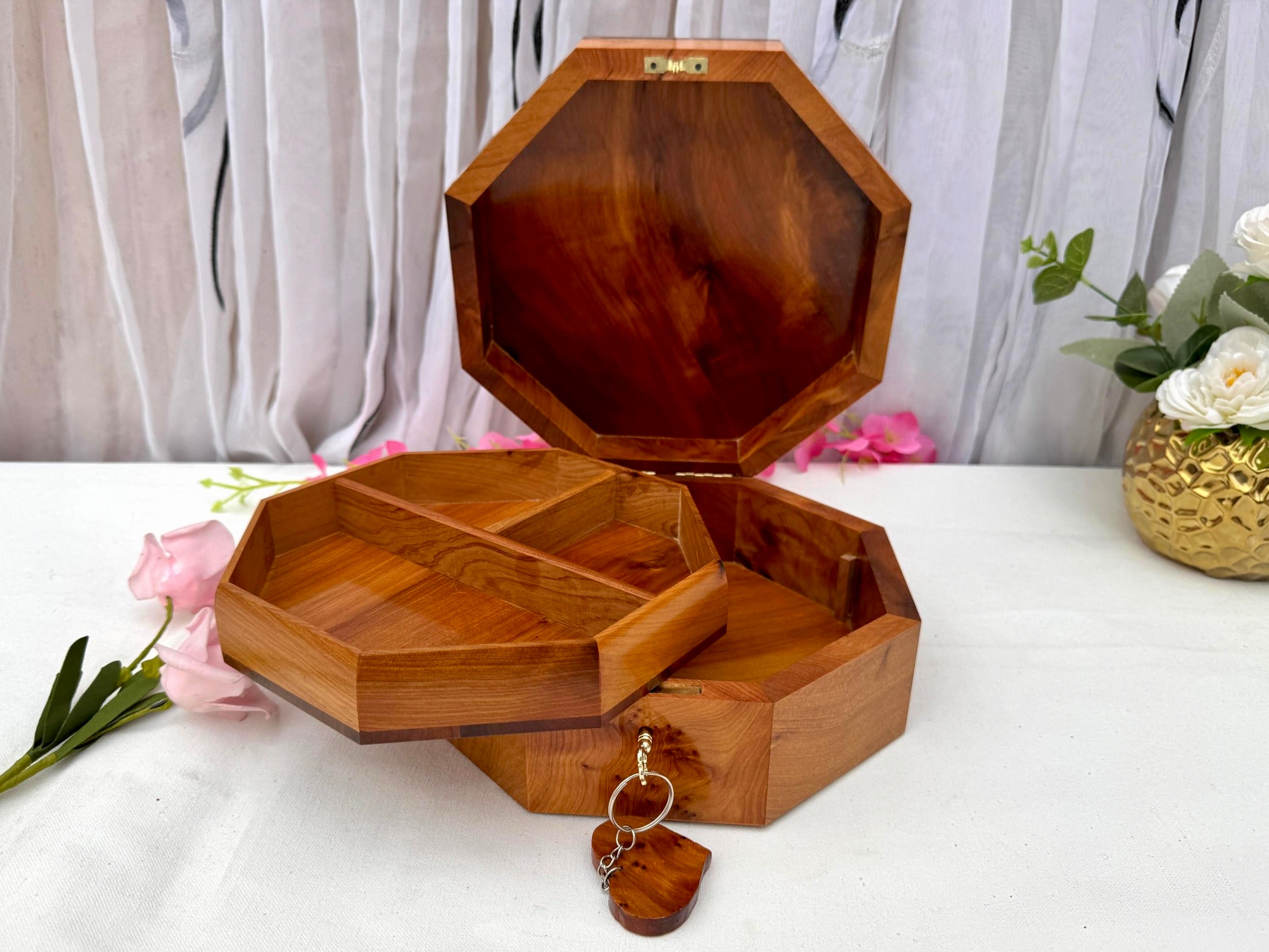 Large Thuya Wood Jewelry Box 8"x8" – Handmade Octagonal Box with Pearl Inlay