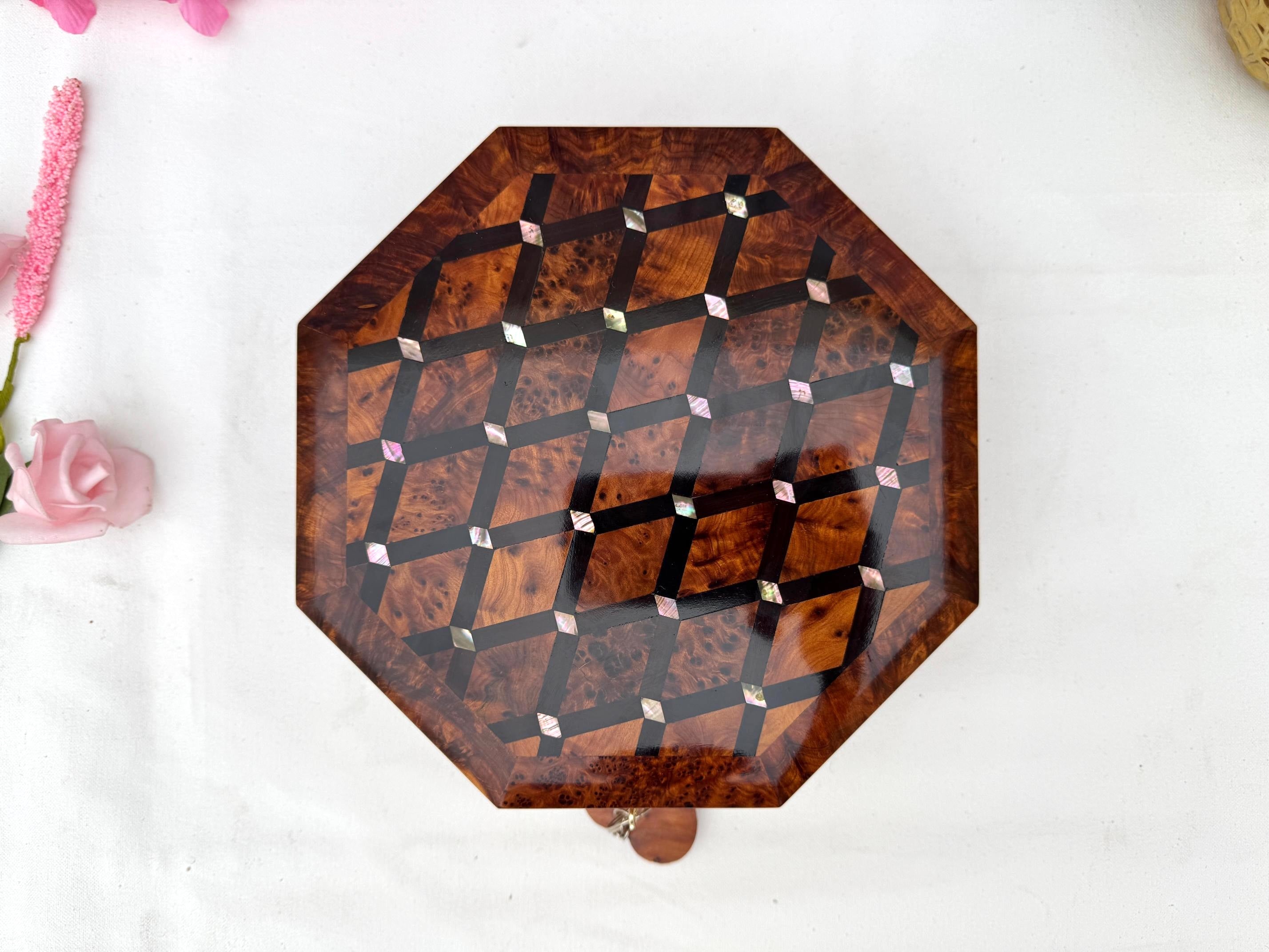 Large Thuya Wood Jewelry Box 8"x8" – Handmade Octagonal Box with Pearl Inlay