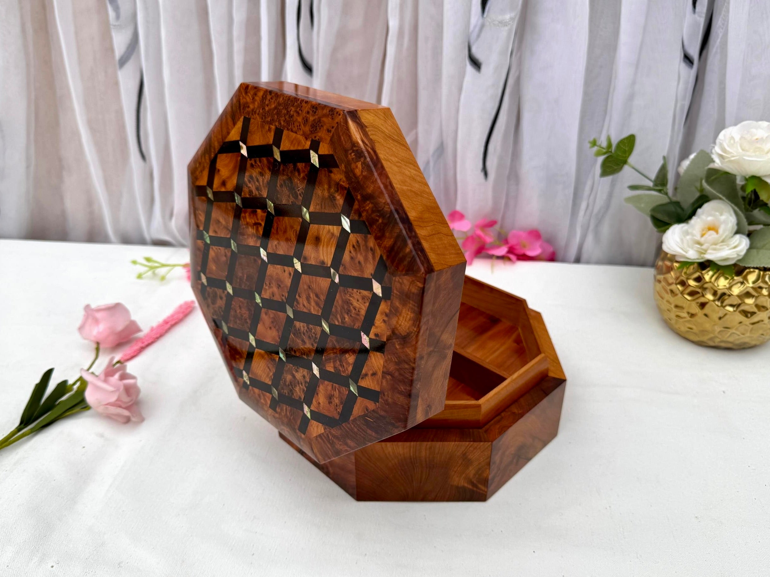 Large Thuya Wood Jewelry Box 8"x8" – Handmade Octagonal Box with Pearl Inlay