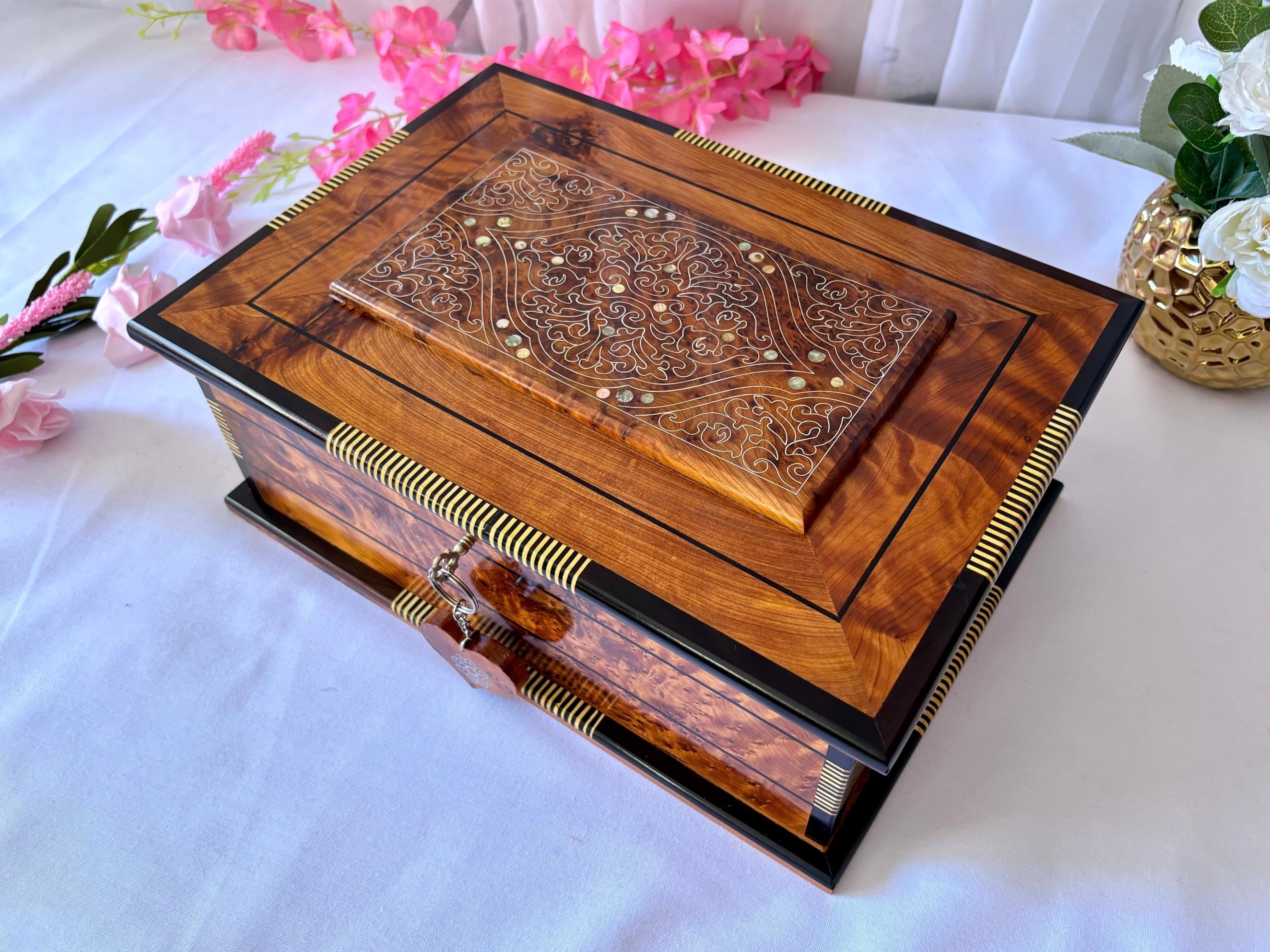 Luxury Burl Wood Jewelry Box with Mirror