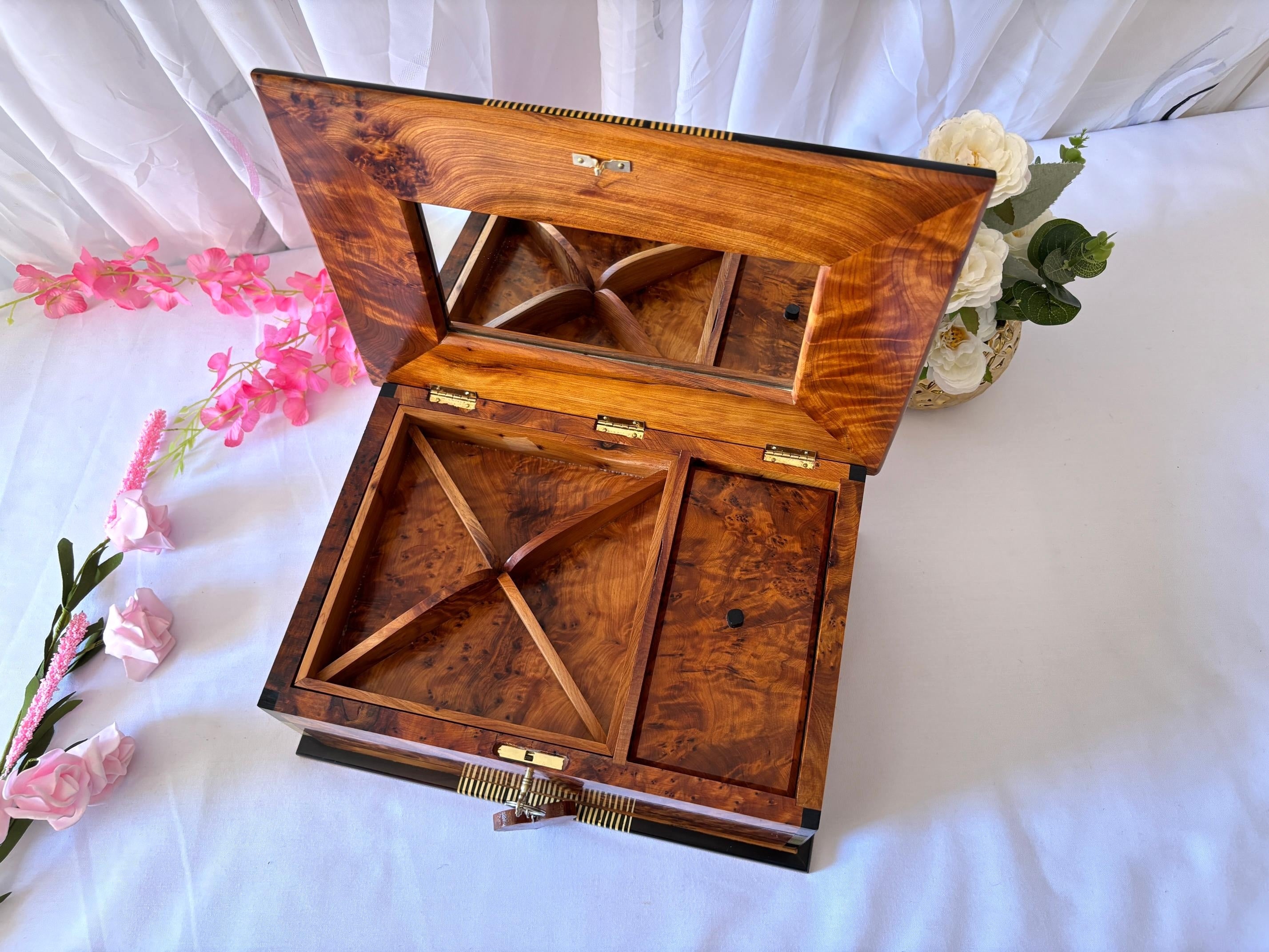 Luxury Burl Wood Jewelry Box with Mirror