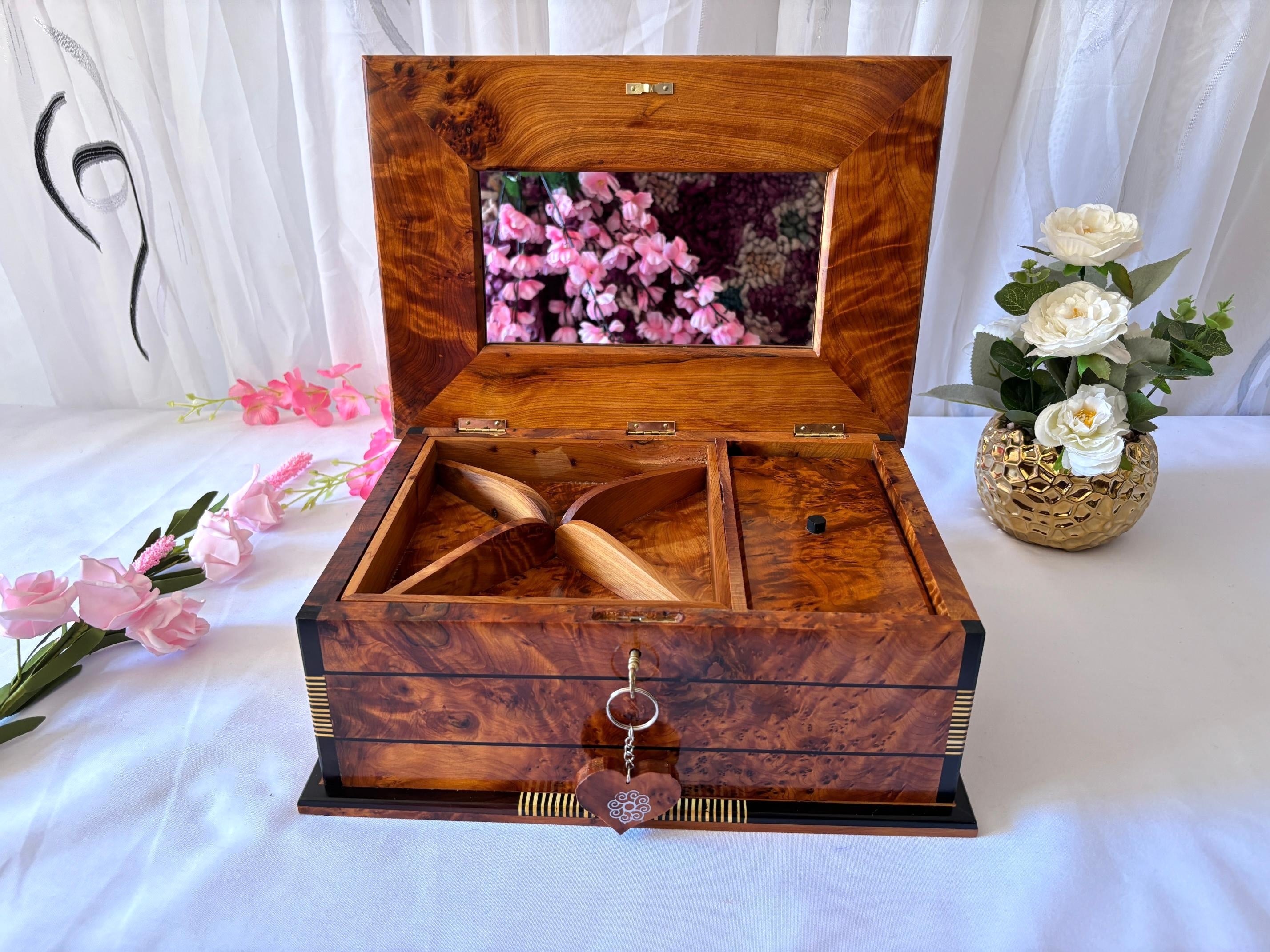 Luxury Burl Wood Jewelry Box with Mirror