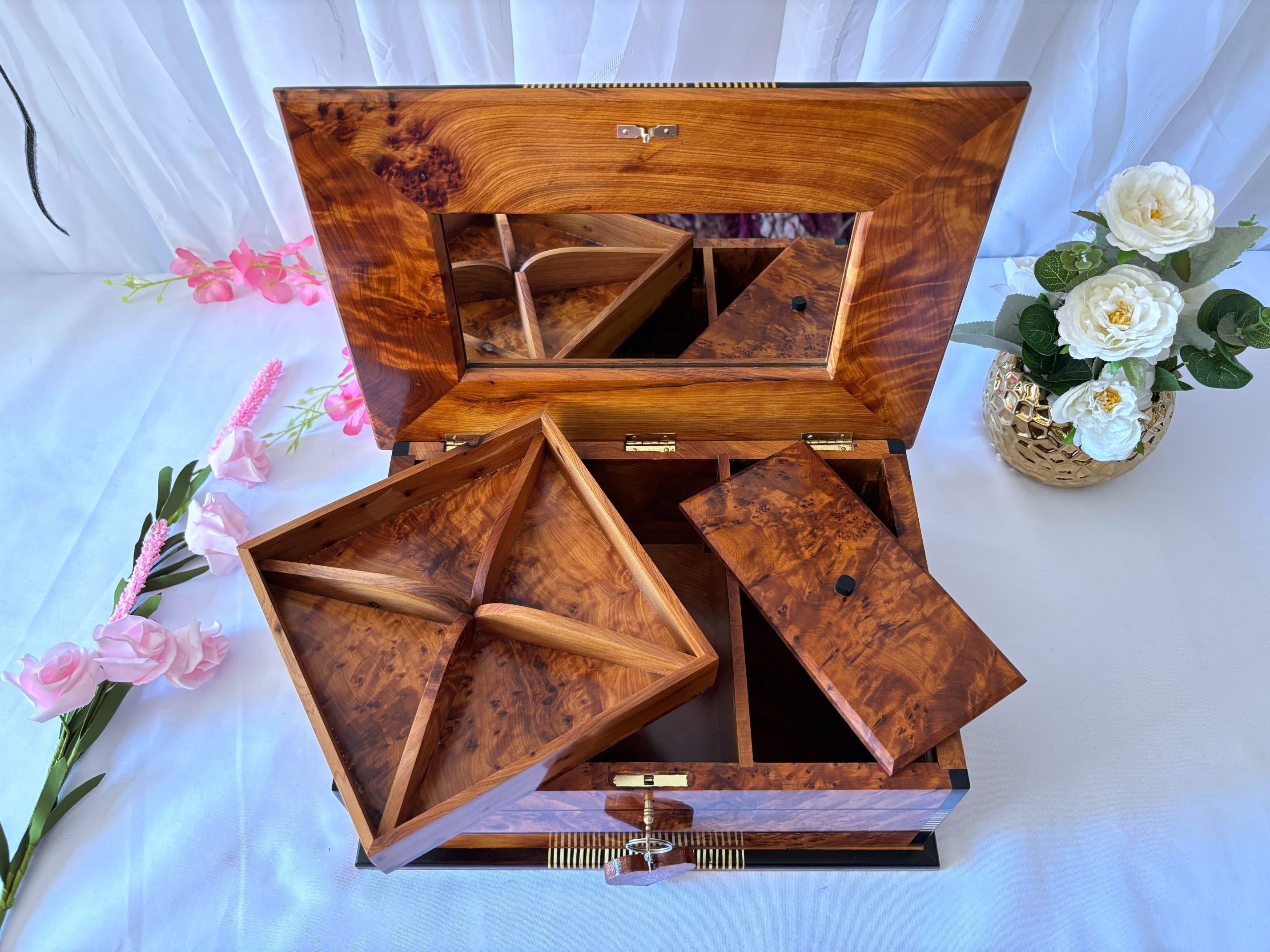 Luxury Burl Wood Jewelry Box with Mirror