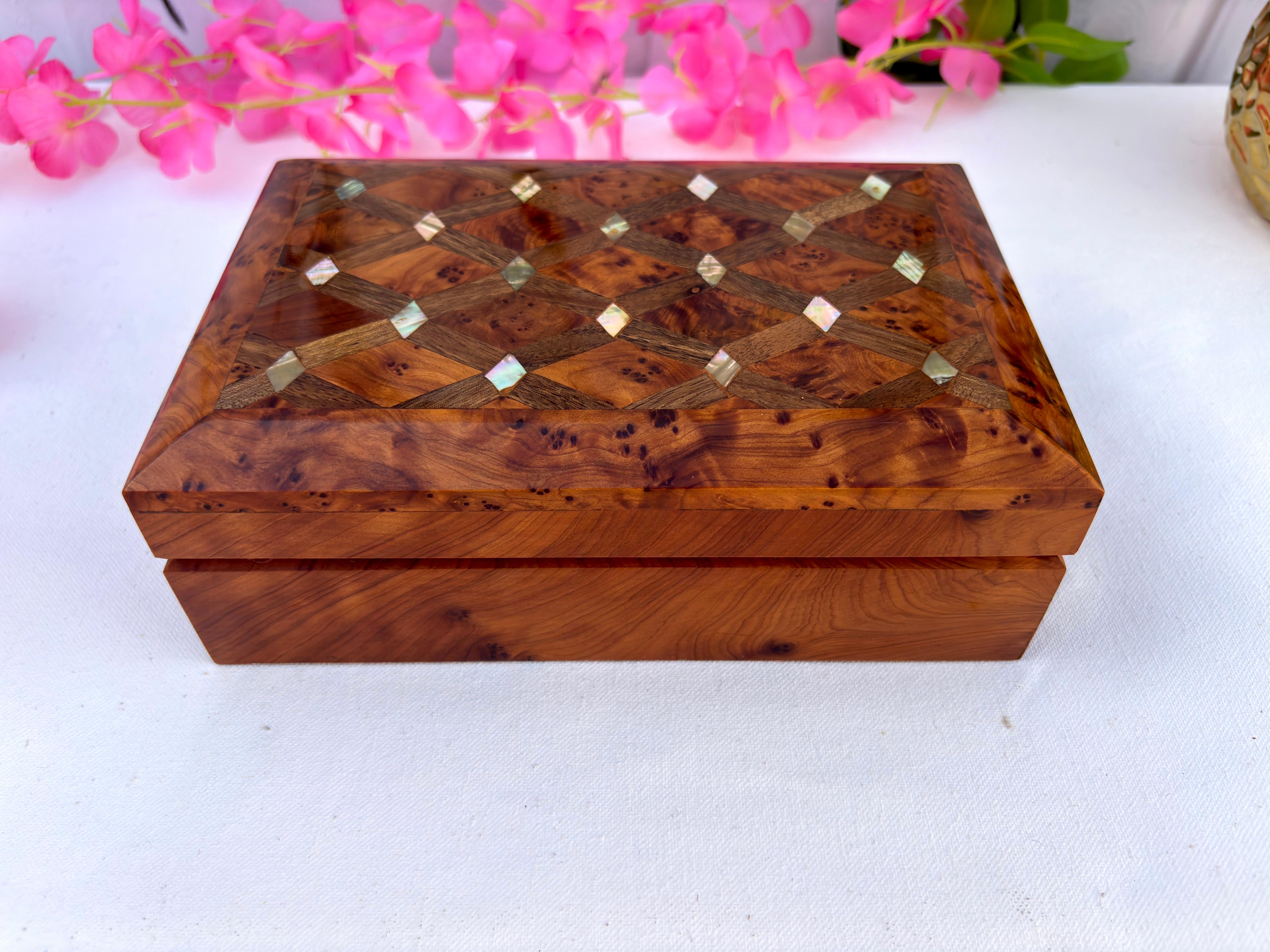 Moroccan Burl Wood Jewelry Box 8x5"