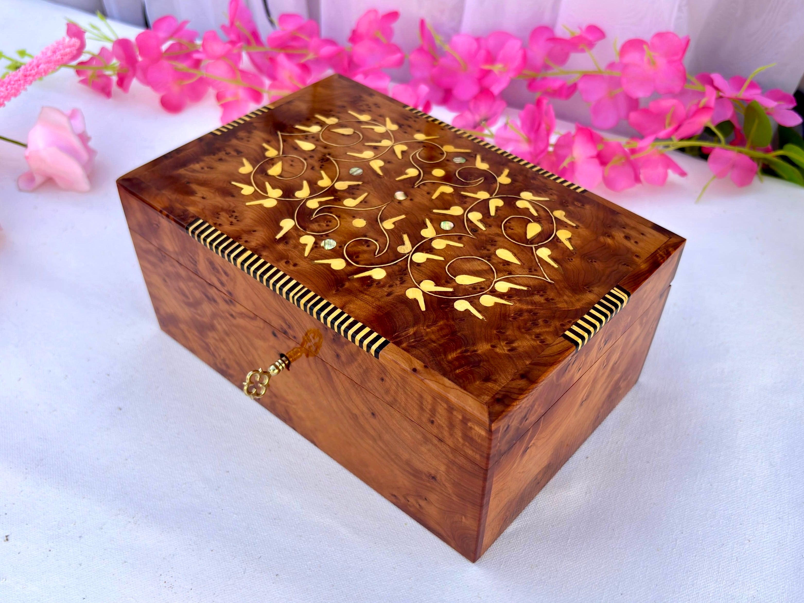 Wooden Jewelry Box with Key 8"x5"