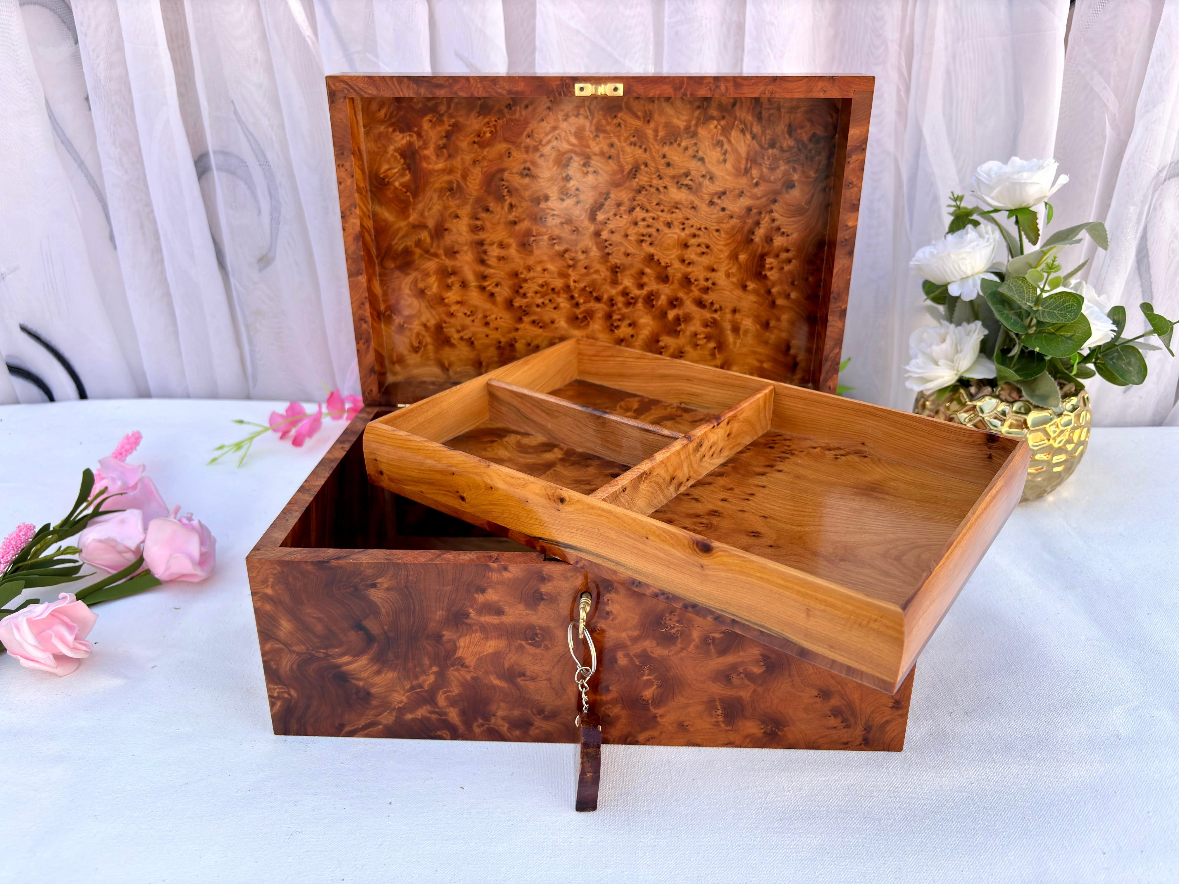 Handmade Moroccan Thuya Wood Burl Jewelry Box with Lock – 12"x8"