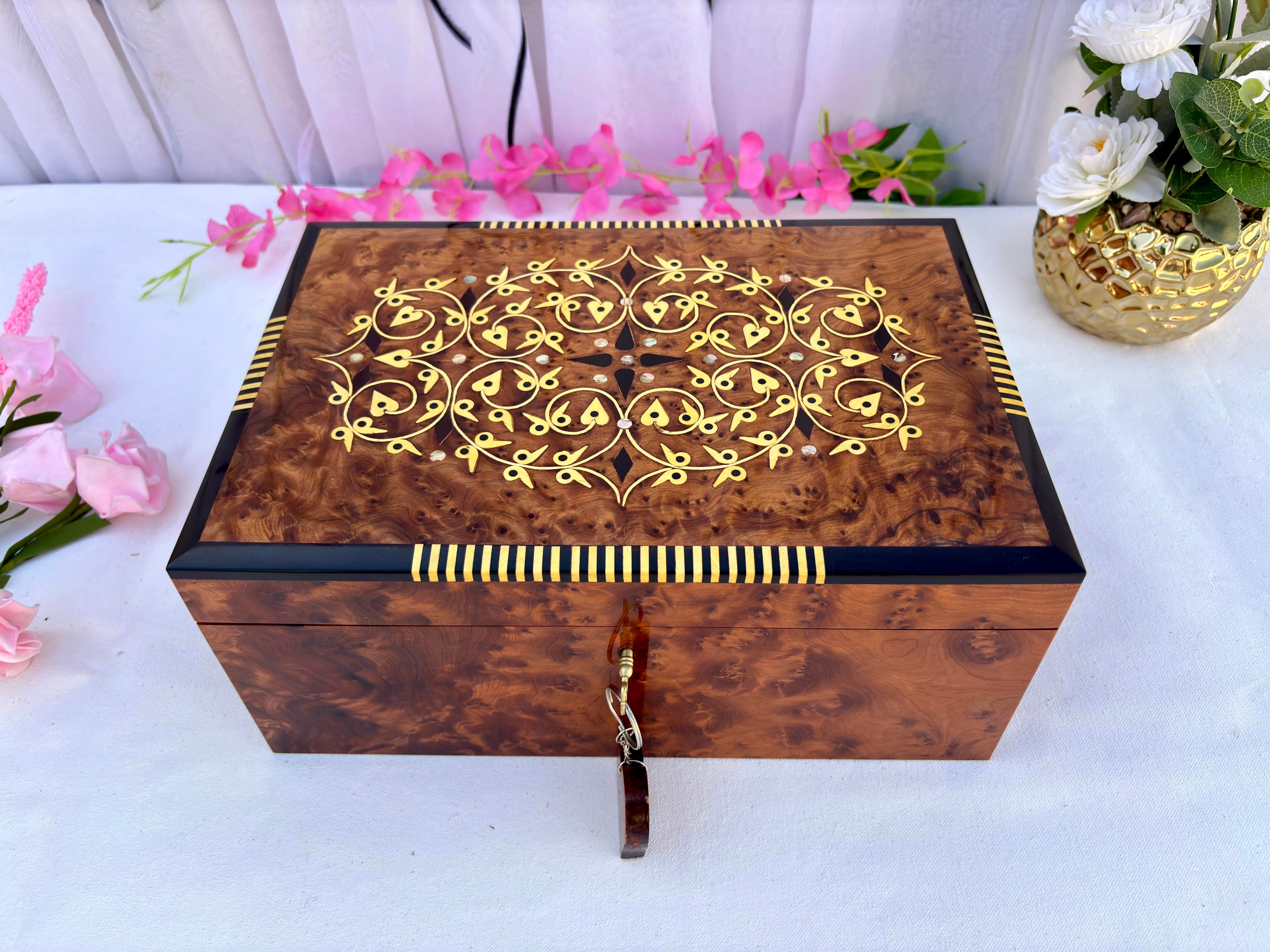 Handmade Moroccan Thuya Wood Burl Jewelry Box with Lock – 12"x8"