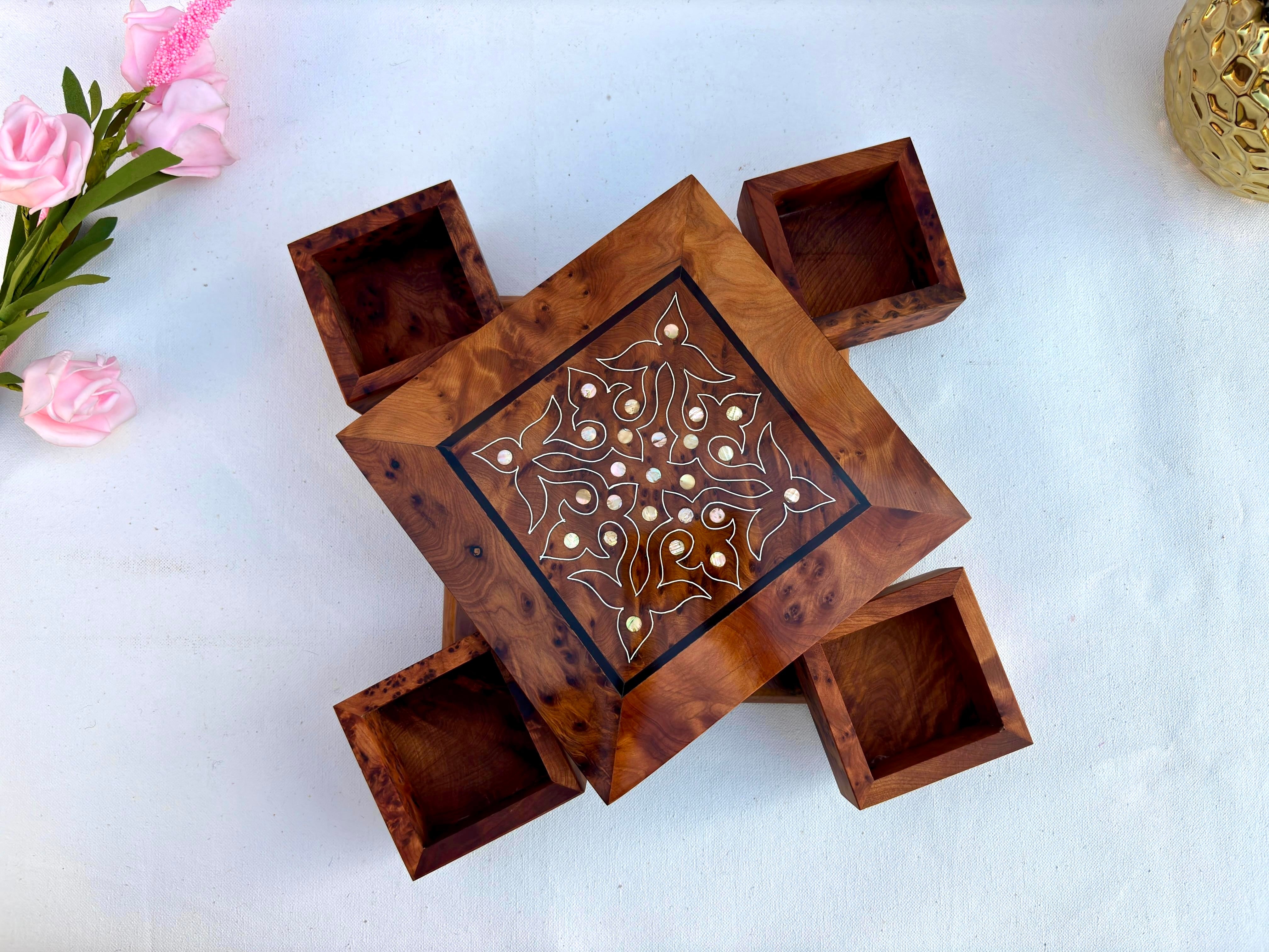 Thuya Wood Puzzle Box - 4-Compartment Jewelry Organizer