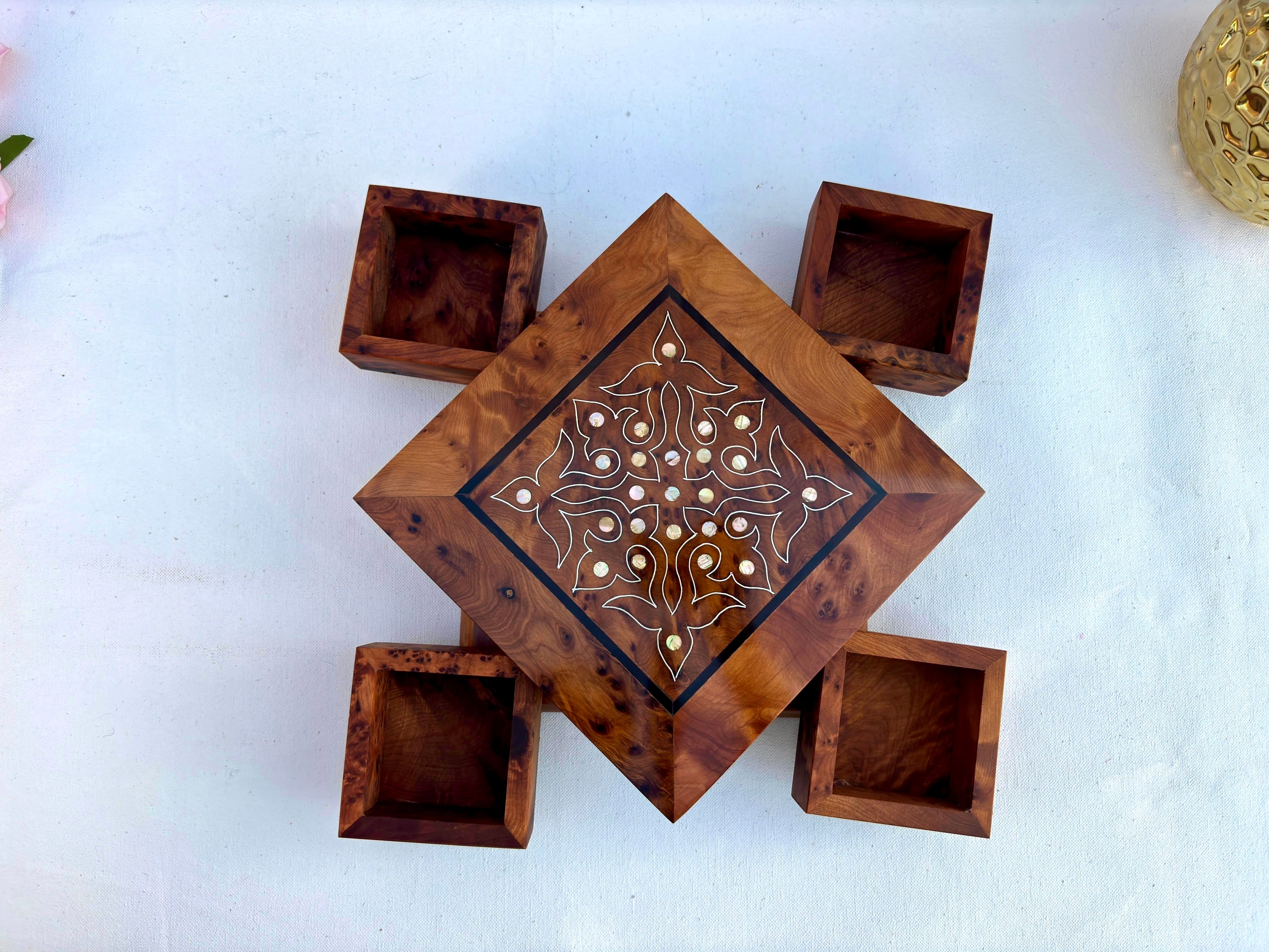 Thuya Wood Puzzle Box - 4-Compartment Jewelry Organizer