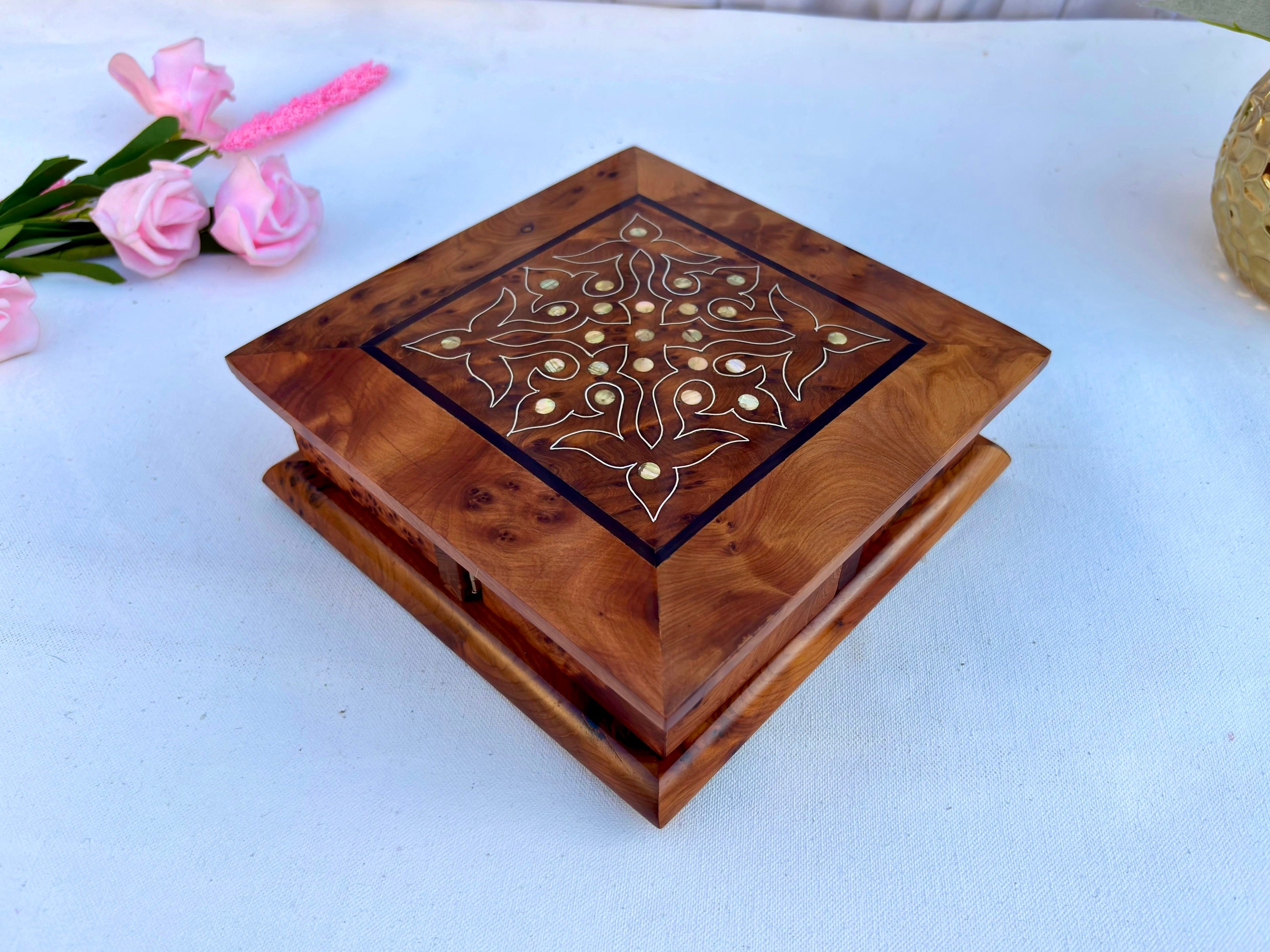 Thuya Wood Puzzle Box - 4-Compartment Jewelry Organizer