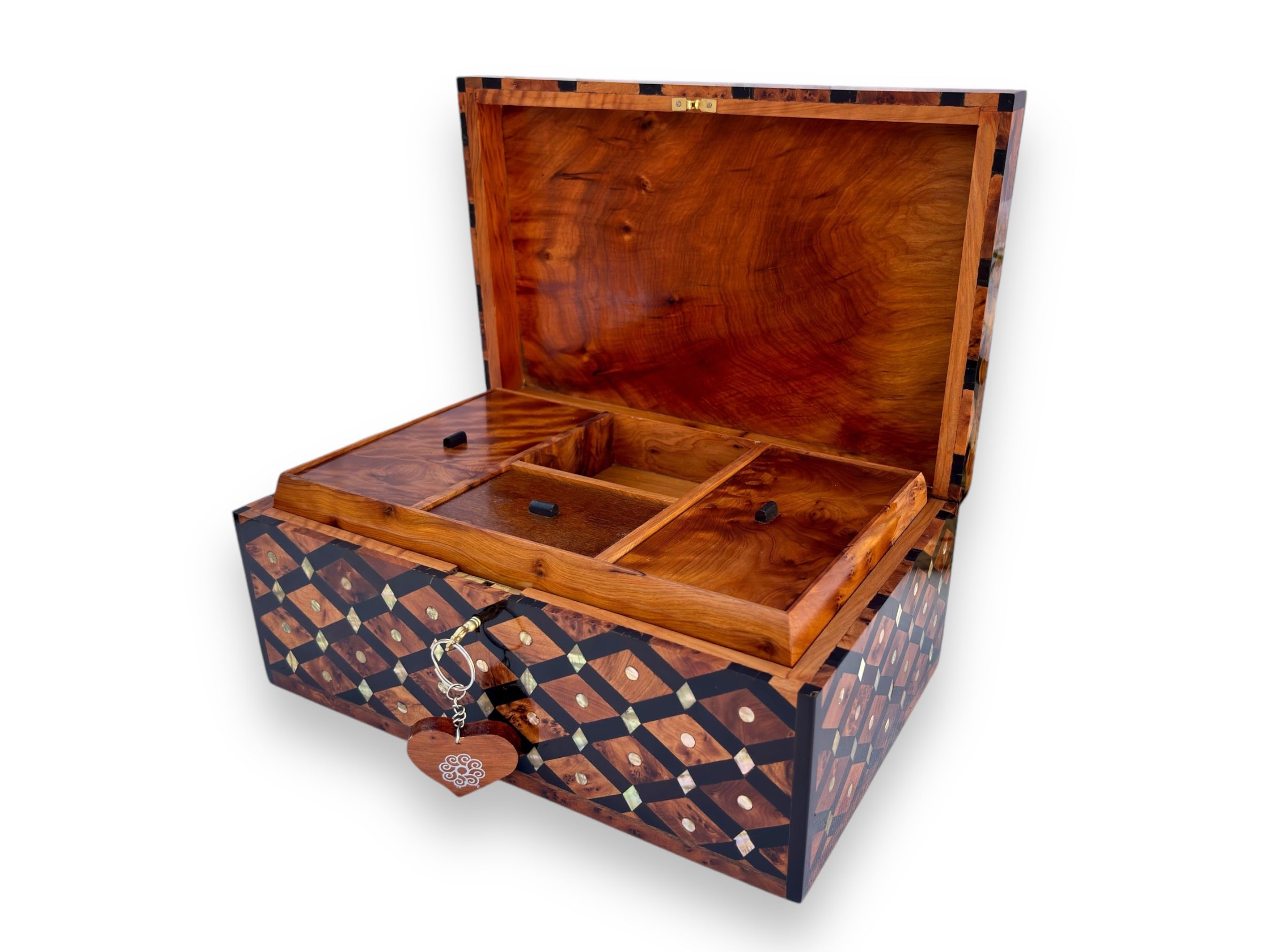 Handcrafted Thuya Wood Jewelry Box 12"x8" | Lockable Moroccan Gift