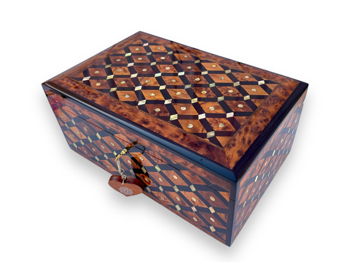 Handcrafted Thuya Wood Jewelry Box 12"x8" | Lockable Moroccan Gift