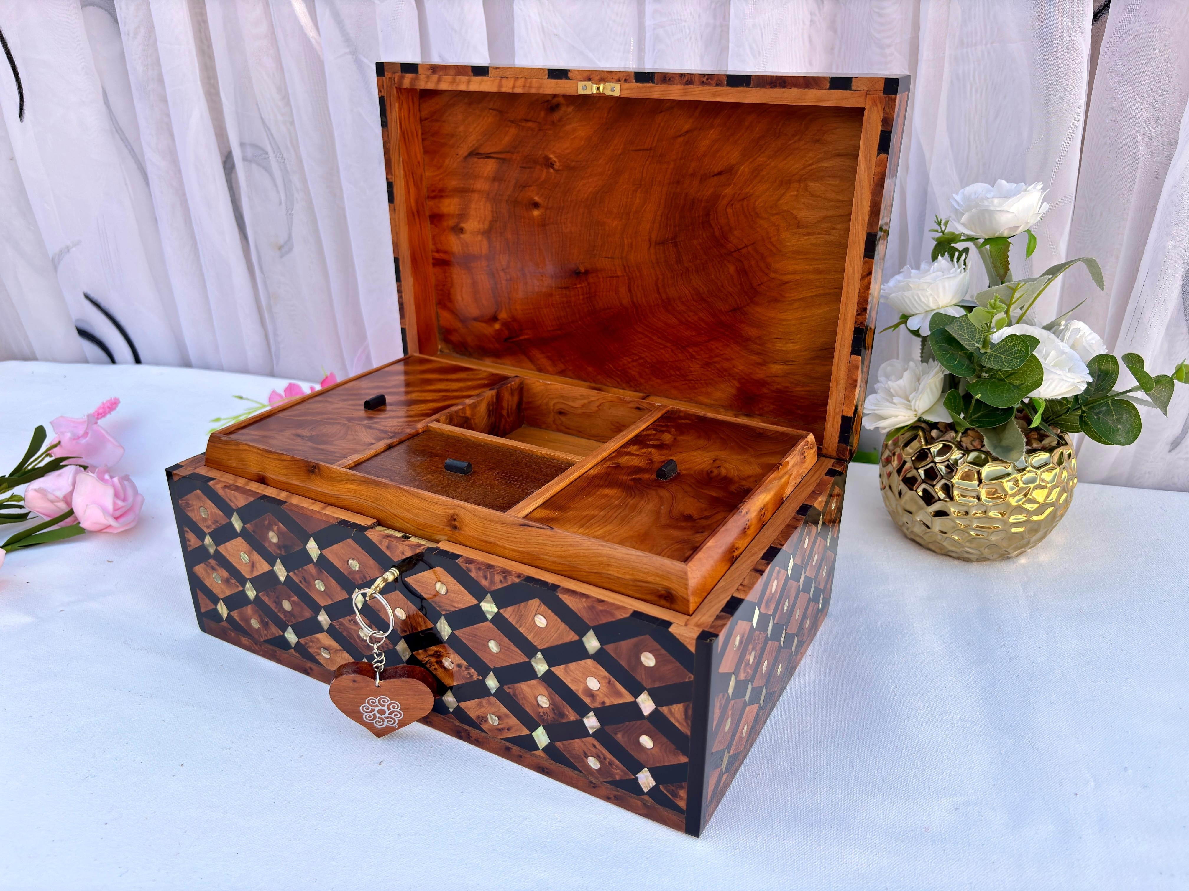 Handcrafted Thuya Wood Jewelry Box 12"x8" | Lockable Moroccan Gift